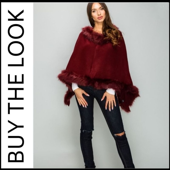 Glam Girl Fashion Sweaters - NWT KNIT FAUX FUR Trimmed Burgundy Poncho